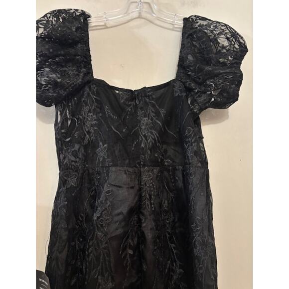 Lulus Seriously Cute Mini Dress Black Embroidered Mesh Puff Sleeve Large NWT - Picture 6 of 9